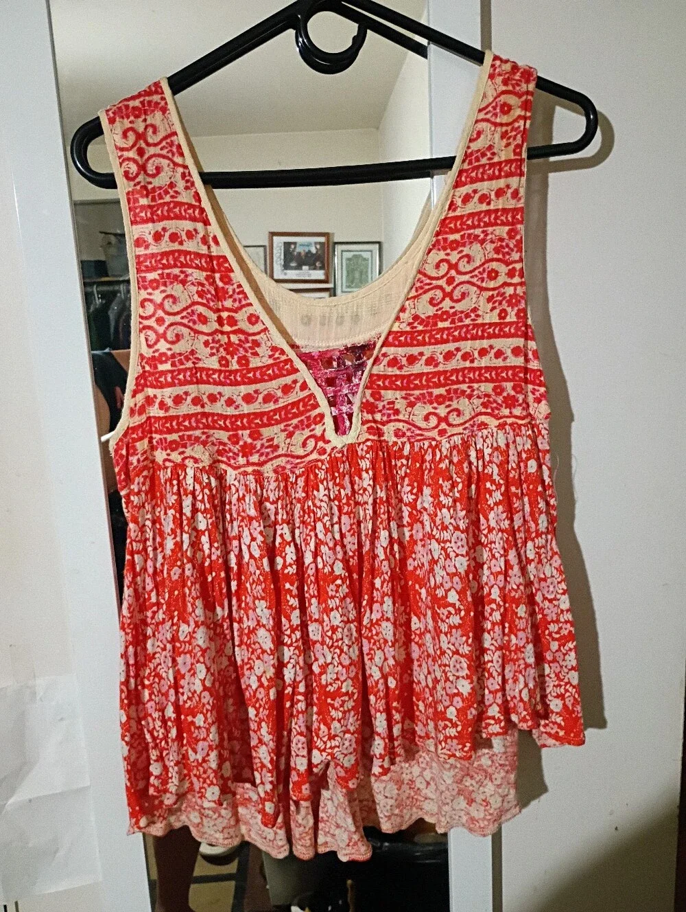 Free People Boho Linen Blend Top Red & Ivory XL  Light & Free